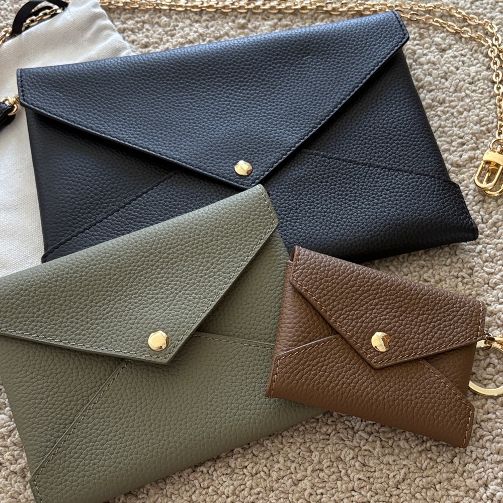 Envelope Style Leather Clutch in Black, Olive, and Brown